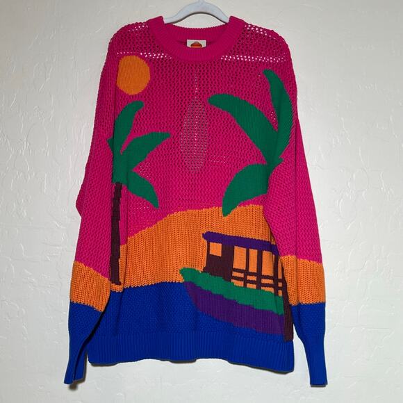 Farm Rio Amazon Stamps Open Knit Cotton Sweater Pink Womens Size Large Island - Picture 9 of 14